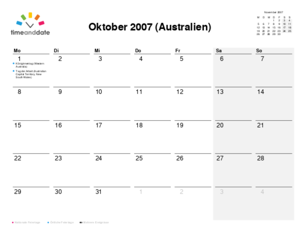 Kalender für 2007 in Australien