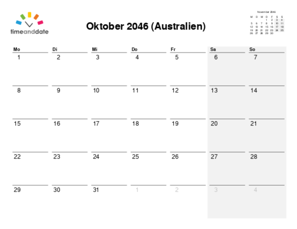 Kalender für 2046 in Australien
