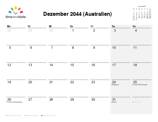Kalender für 2044 in Australien