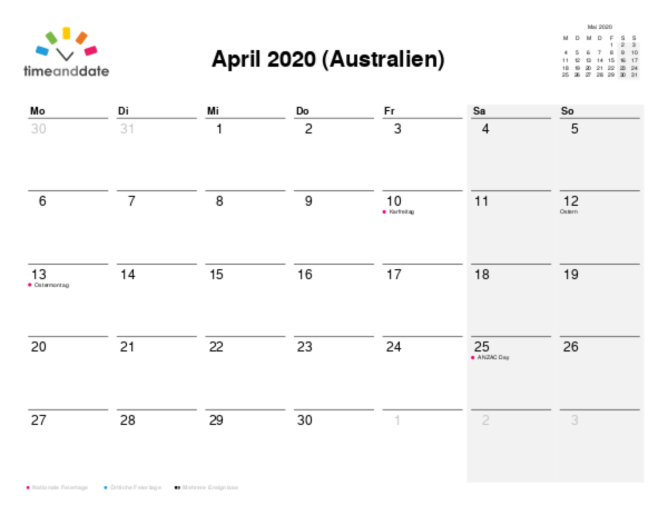 Kalender für 2020 in Australien