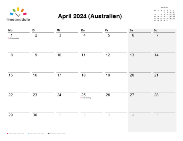 Kalender für 2024 in Australien
