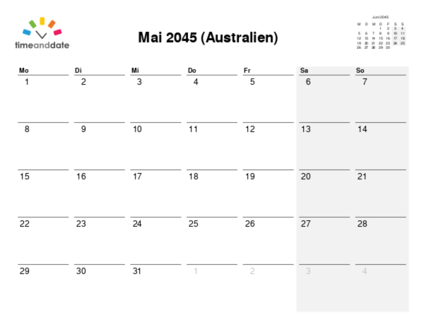 Kalender für 2045 in Australien