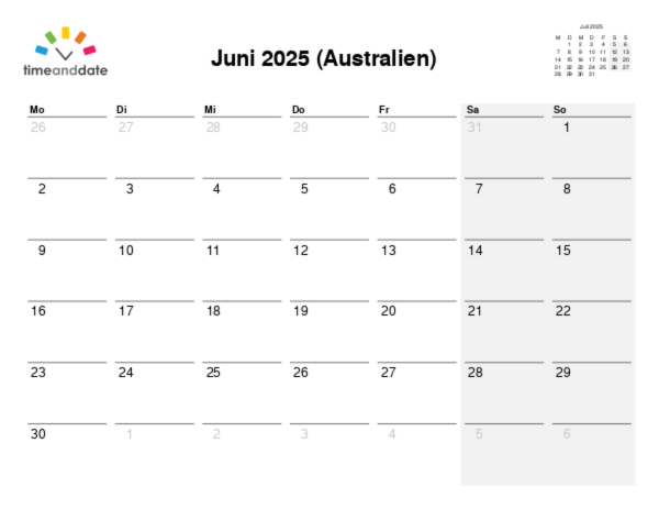 Kalender für 2025 in Australien