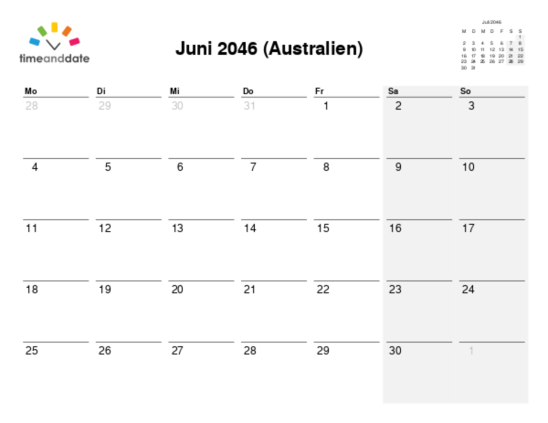 Kalender für 2046 in Australien