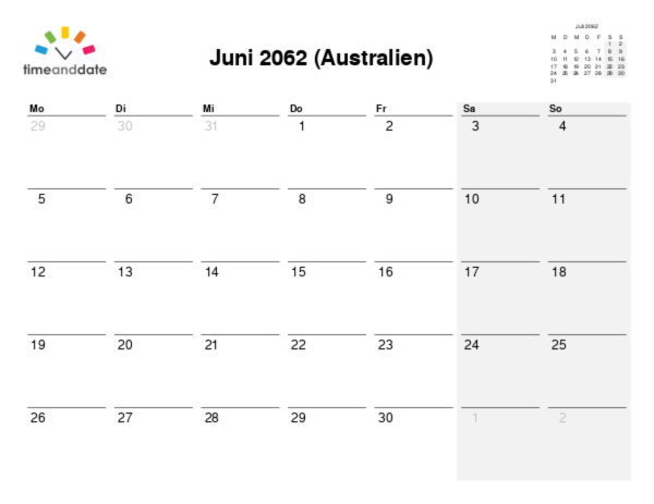 Kalender für 2062 in Australien