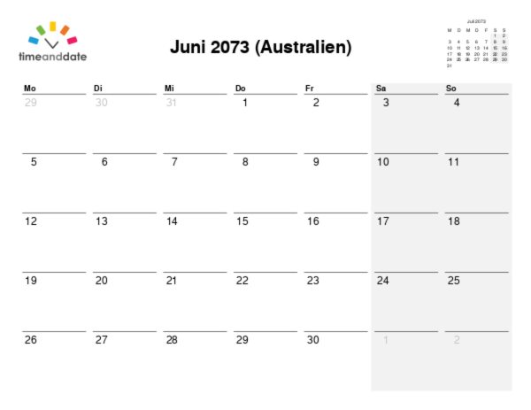 Kalender für 2073 in Australien