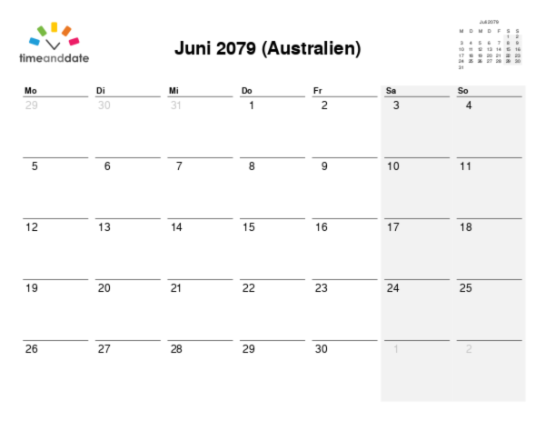 Kalender für 2079 in Australien