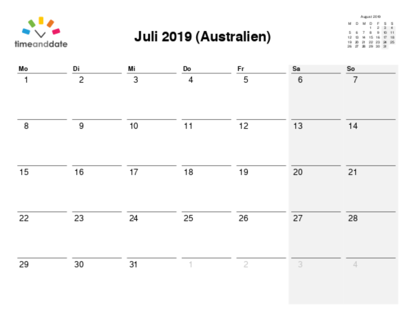 Kalender für 2019 in Australien