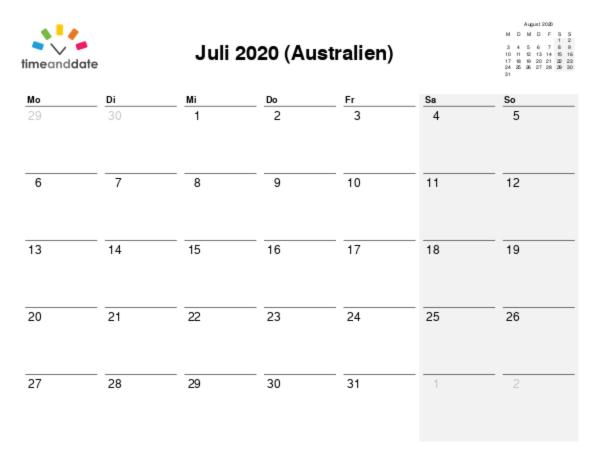 Kalender für 2020 in Australien