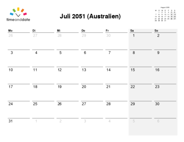 Kalender für 2051 in Australien