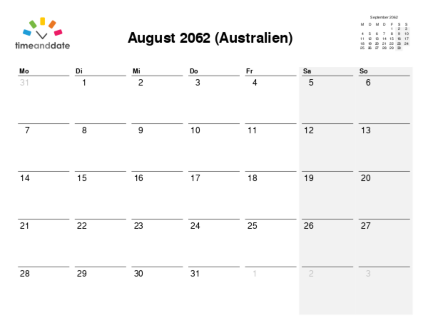 Kalender für 2062 in Australien