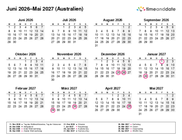Kalender für 2026 in Australien