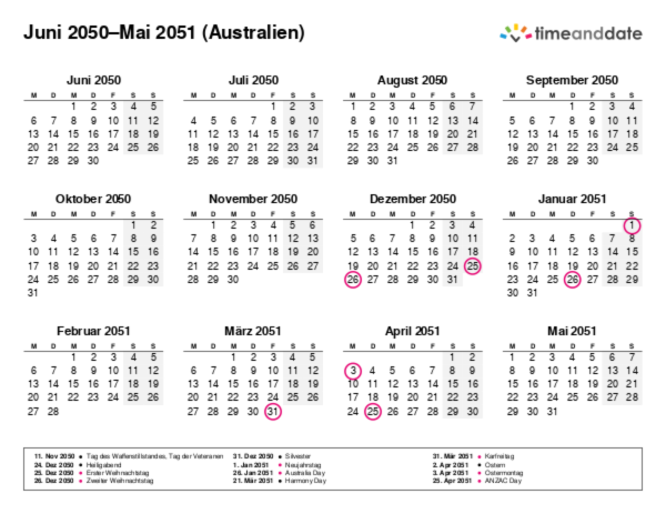 Kalender für 2050 in Australien