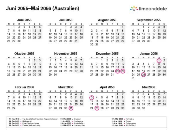 Kalender für 2055 in Australien