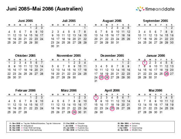 Kalender für 2085 in Australien