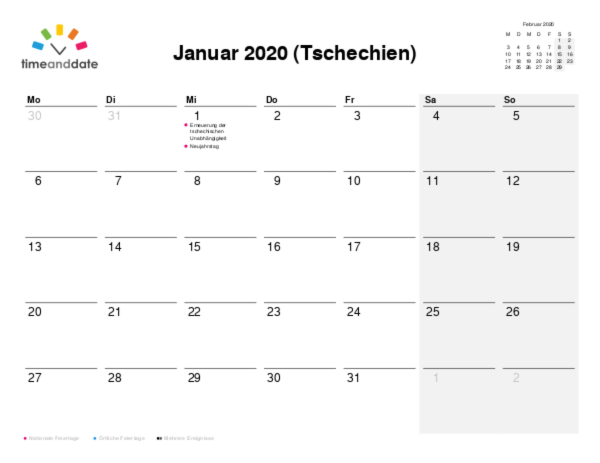 Kalender für 2020 in Tschechien