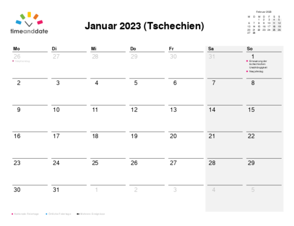 Kalender für 2023 in Tschechien