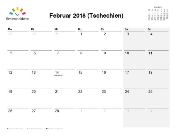 Kalender für 2018 in Tschechien