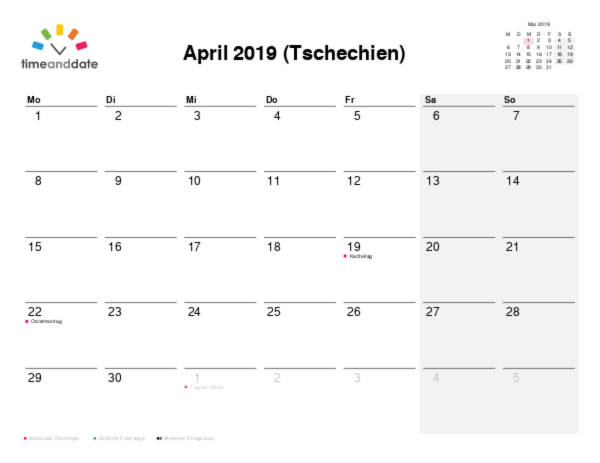 Kalender für 2019 in Tschechien