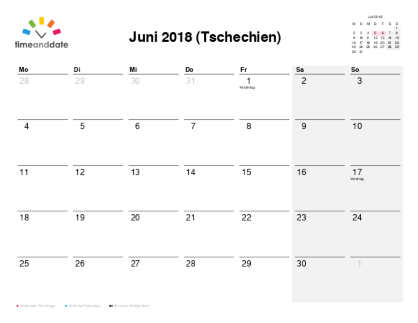 Kalender für 2018 in Tschechien