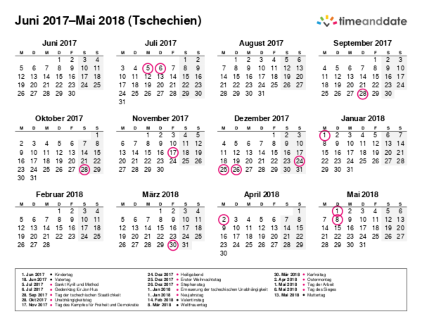 Kalender für 2017 in Tschechien