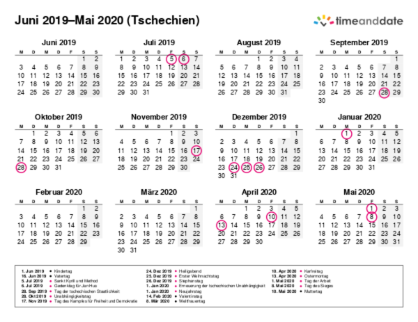 Kalender für 2019 in Tschechien
