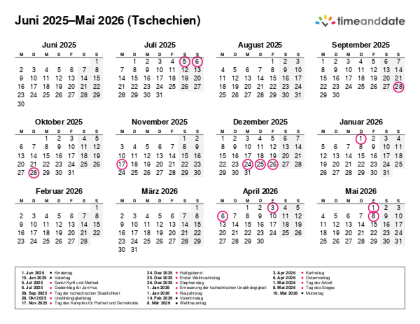 Kalender für 2025 in Tschechien
