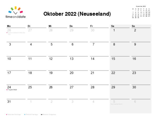 Kalender für 2022 in Neuseeland