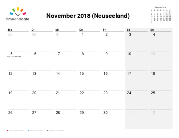 Kalender für 2018 in Neuseeland