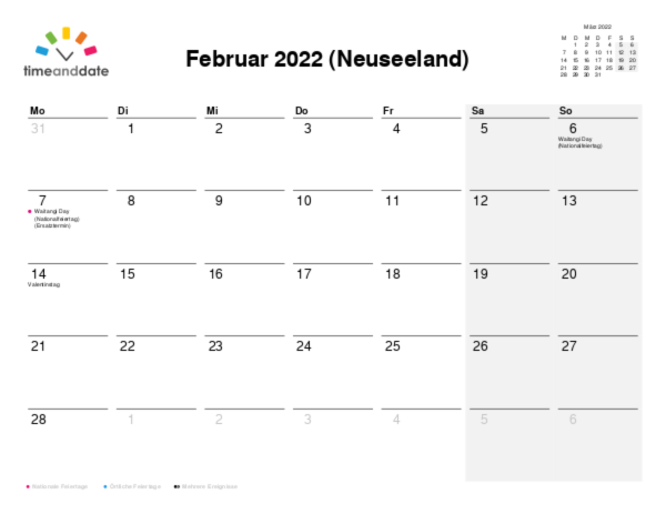 Kalender für 2022 in Neuseeland