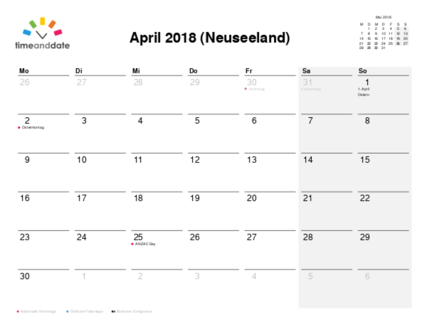 Kalender für 2018 in Neuseeland