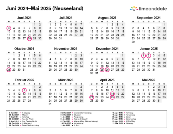 Kalender für 2024 in Neuseeland