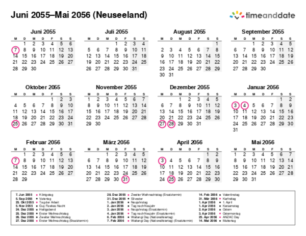 Kalender für 2055 in Neuseeland