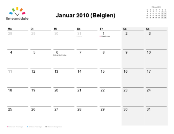 Kalender für 2010 in Belgien
