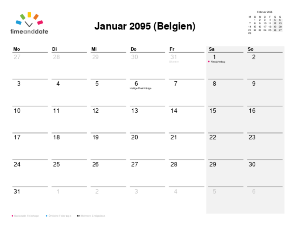 Kalender für 2095 in Belgien
