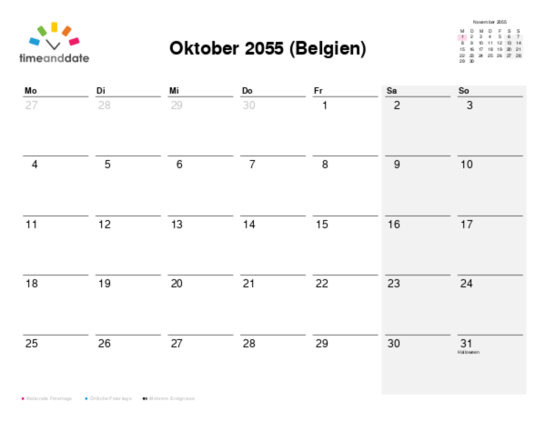 Kalender für 2055 in Belgien