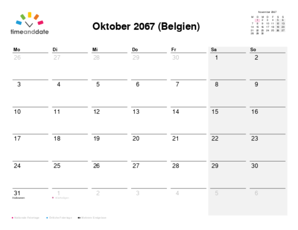 Kalender für 2067 in Belgien