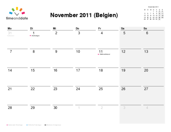 Kalender für 2011 in Belgien