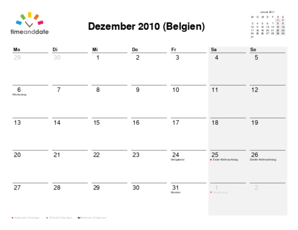 Kalender für 2010 in Belgien