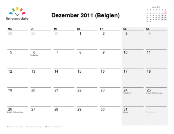 Kalender für 2011 in Belgien