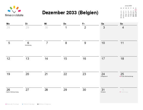 Kalender für 2033 in Belgien
