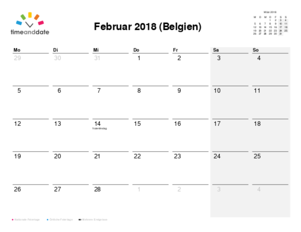 Kalender für 2018 in Belgien