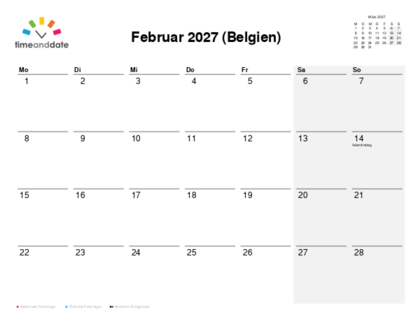 Kalender für 2027 in Belgien