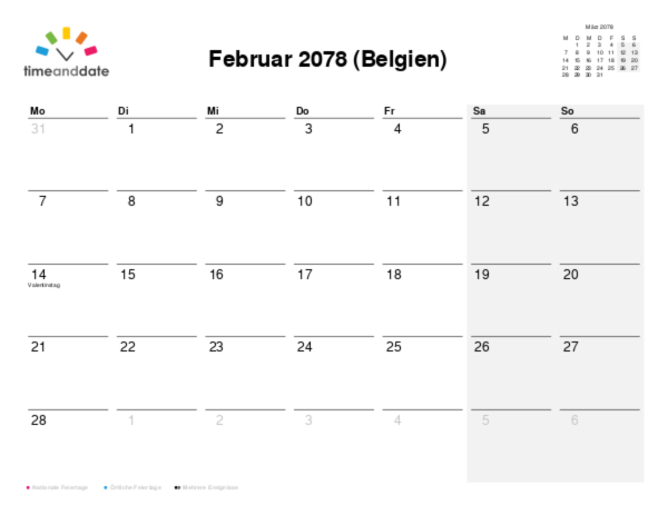 Kalender für 2078 in Belgien
