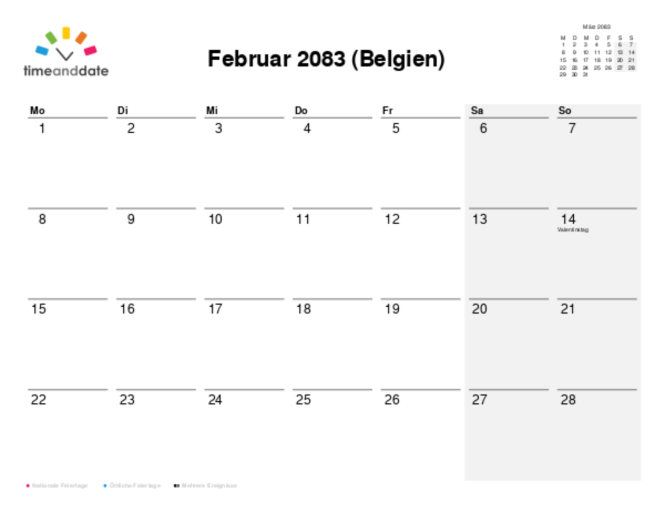 Kalender für 2083 in Belgien