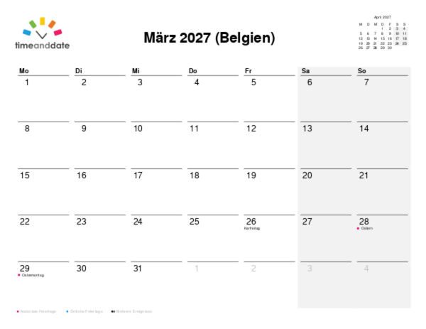Kalender für 2027 in Belgien