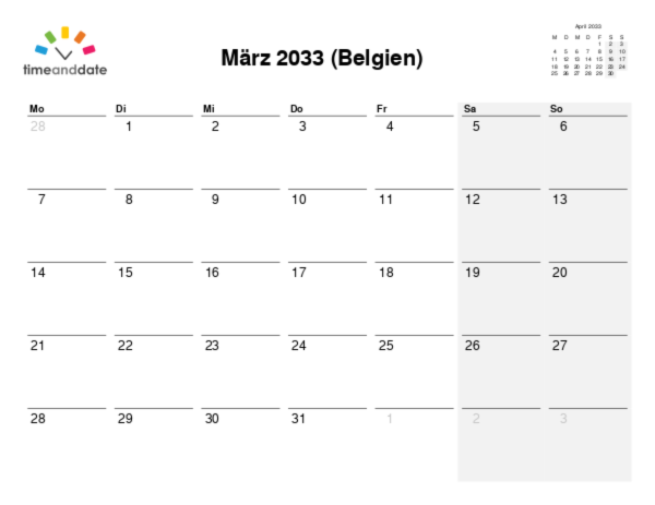 Kalender für 2033 in Belgien