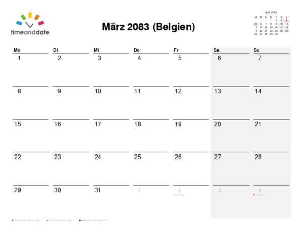 Kalender für 2083 in Belgien