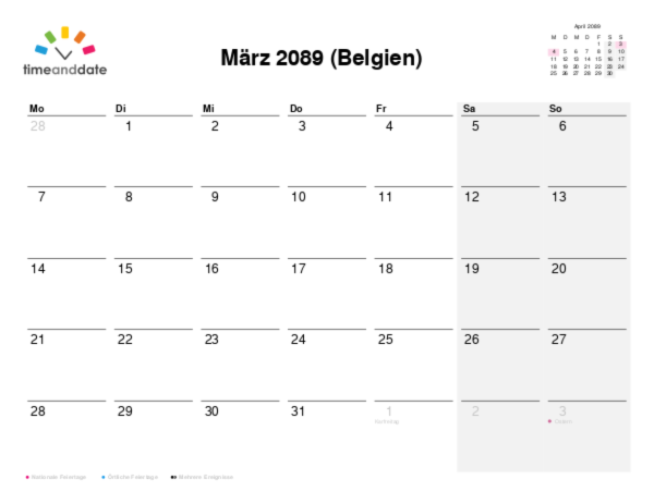 Kalender für 2089 in Belgien