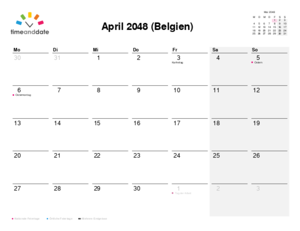 Kalender für 2048 in Belgien